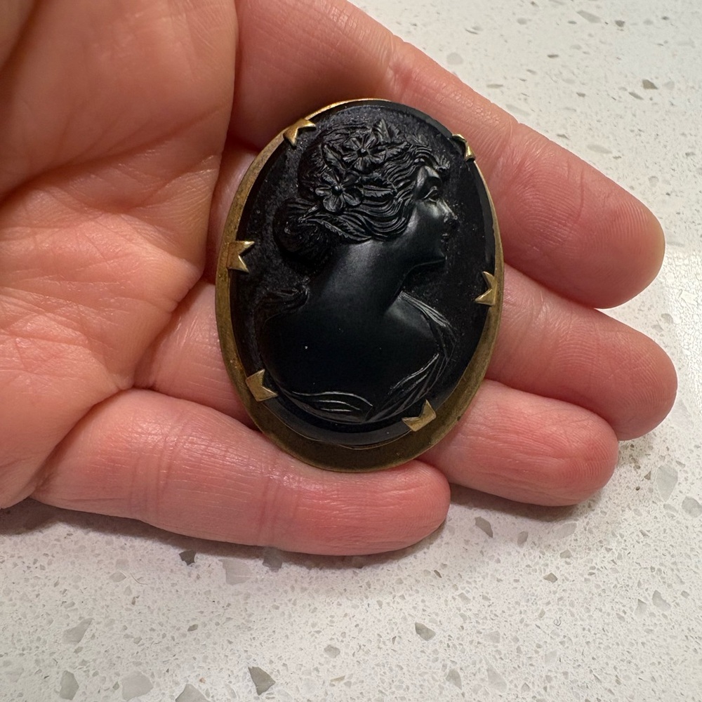 Elegant Antique Black and Gold Cameo Brooch